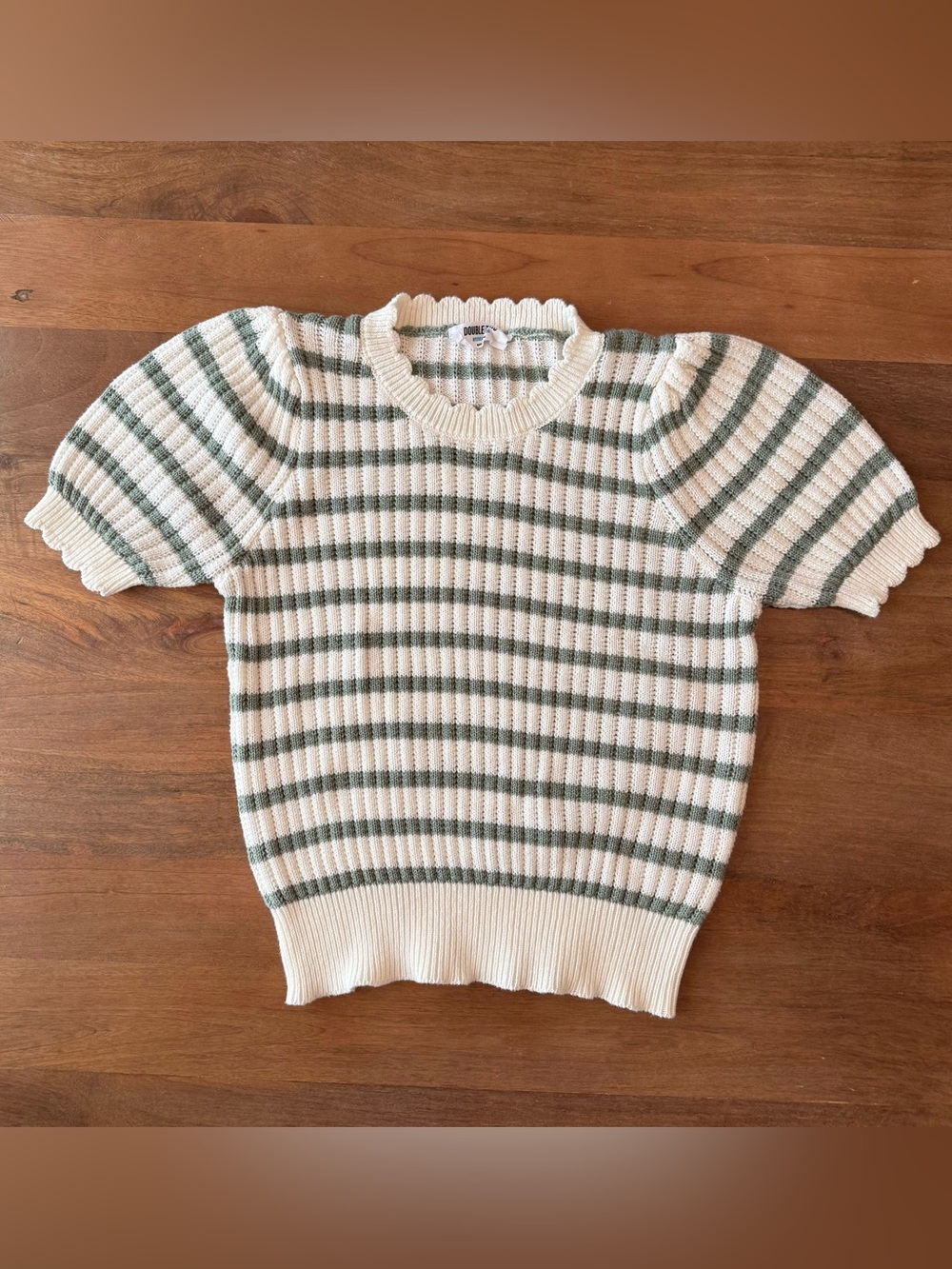NWOT White and Sage Green Striped Knit Top with Scallop Neckline